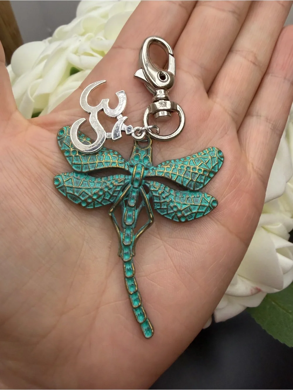Turquoise Patina Dragonfly Keychain with Silver Charm